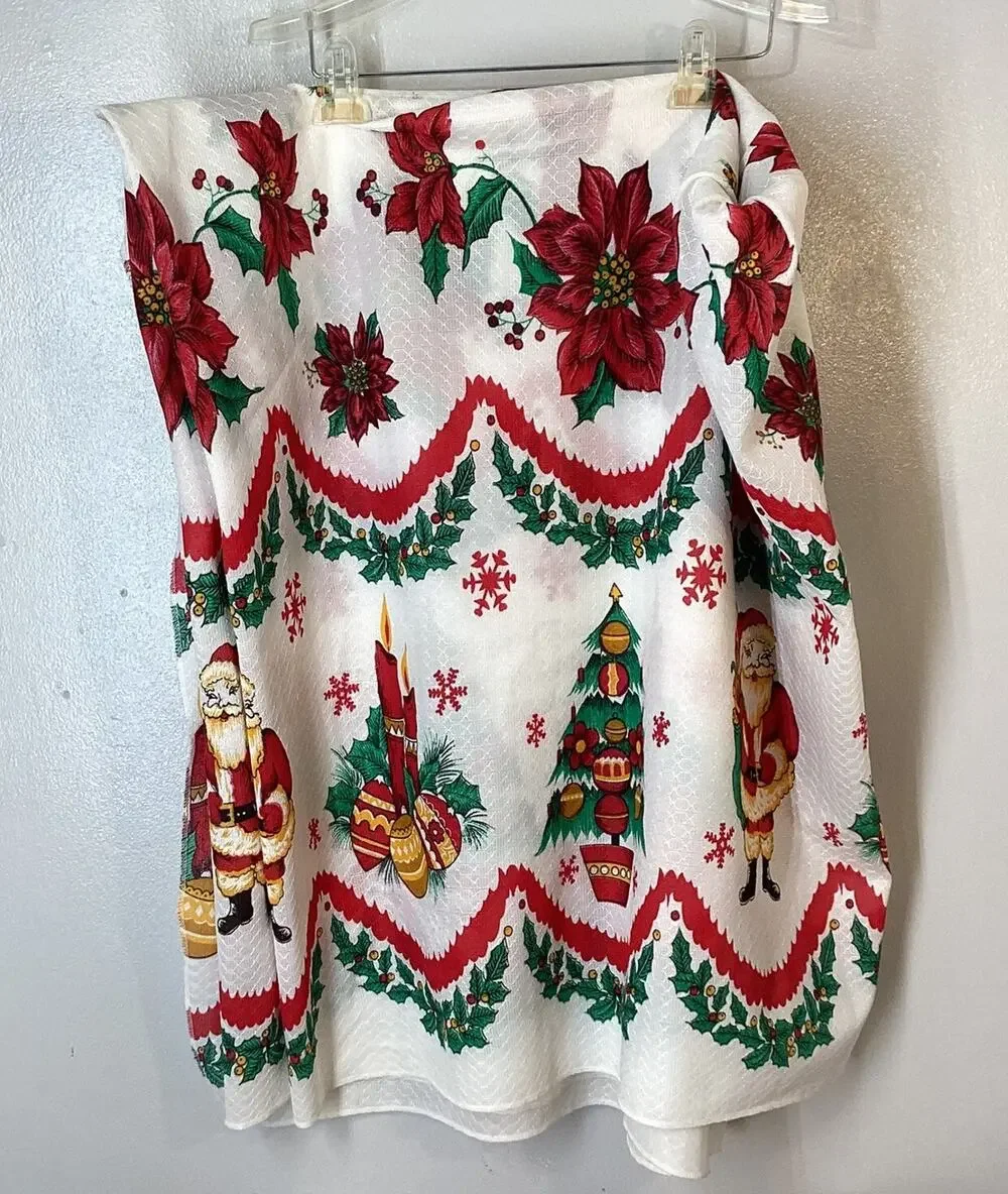 Christmas Table Cloth Vtg Santa Poinsettia Tree Candles 126” X 64”